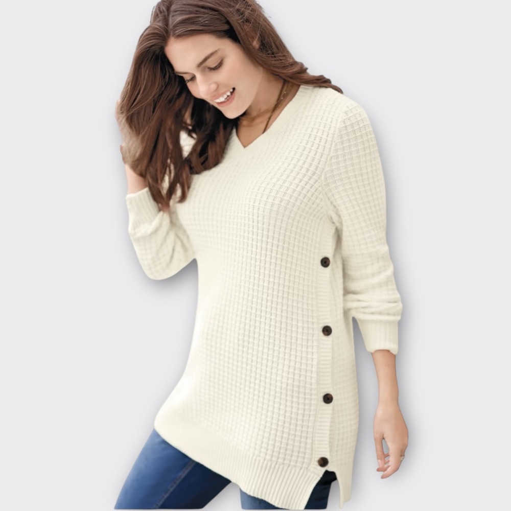 New Woman Within Plus Sz M 14 16 Ivory Waffle Knit Sweater Tunic Button Cozy